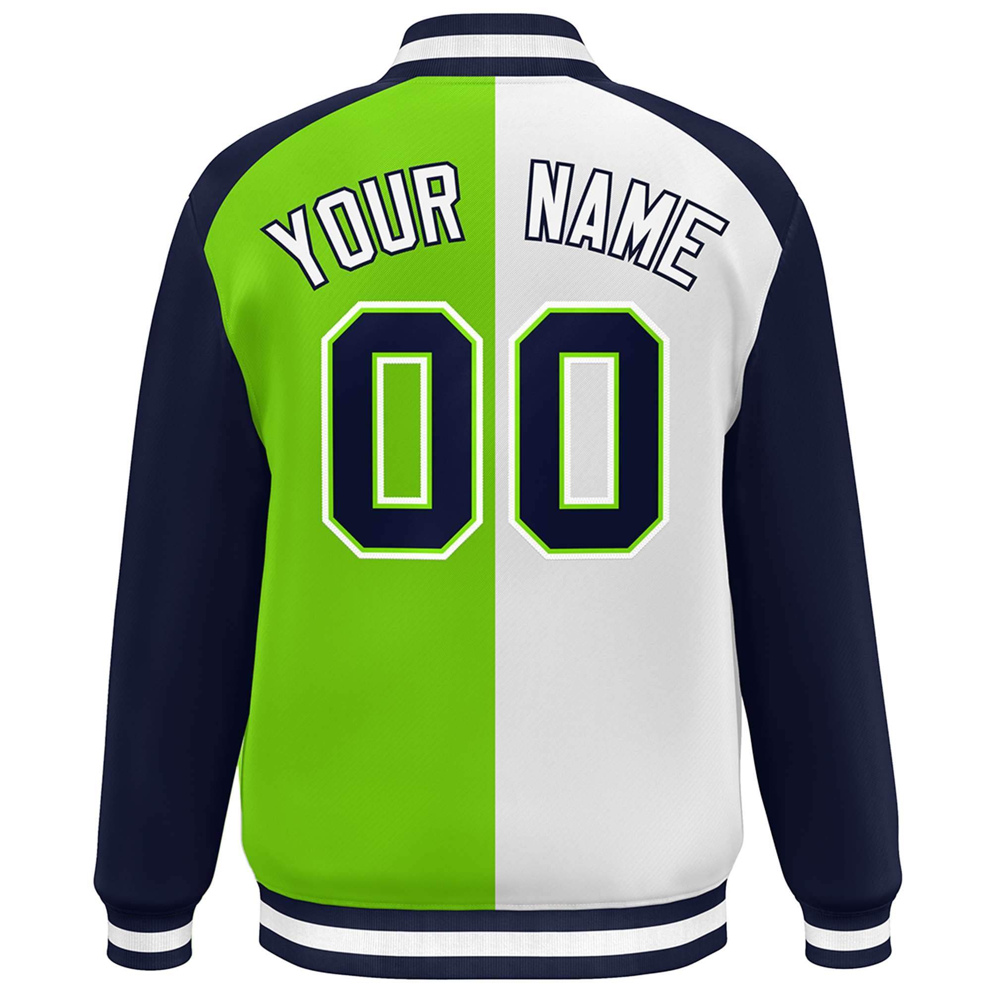 Custom White Neon Green-Navy Color Block Bomber Varsity Baseball Jacket