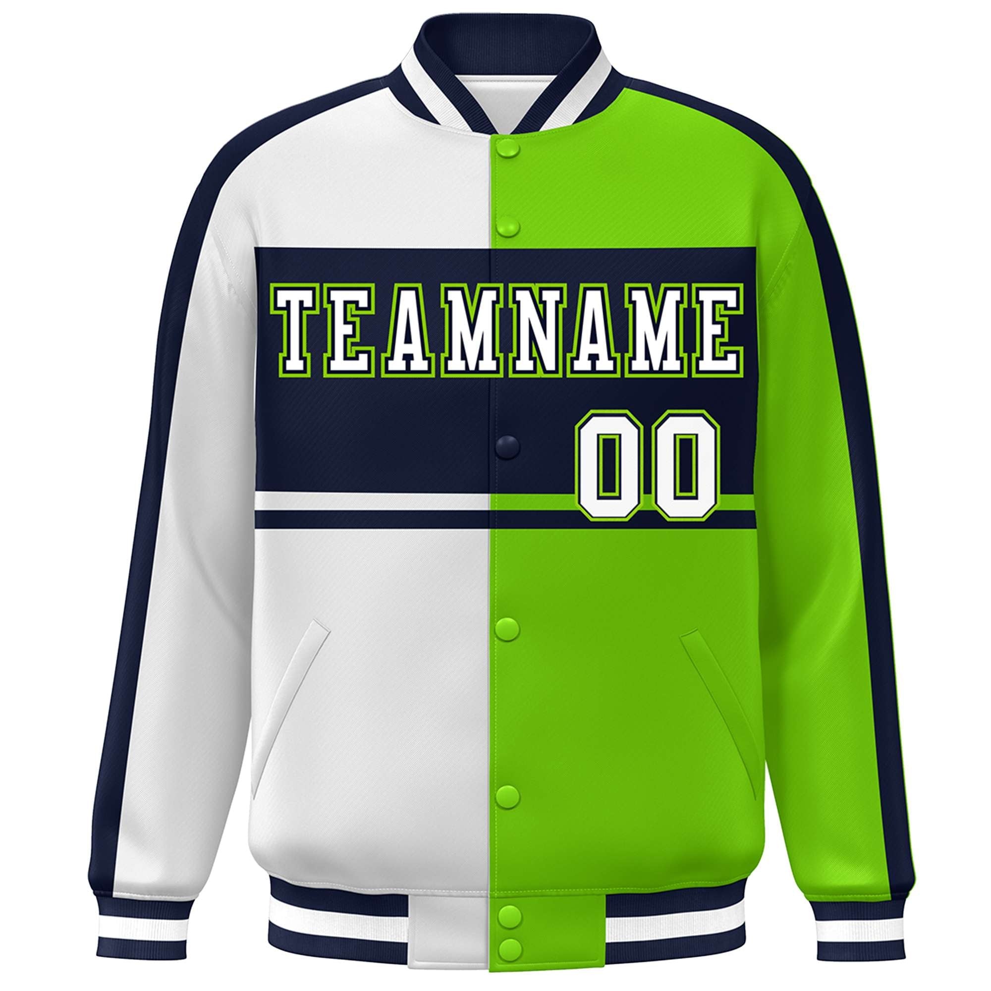 Custom White Neon Green-Navy Color Block Bomber Varsity Baseball Jacket