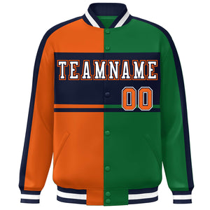 Custom Orange Green Navy-White Color Block Bomber Varsity Baseball Jacket