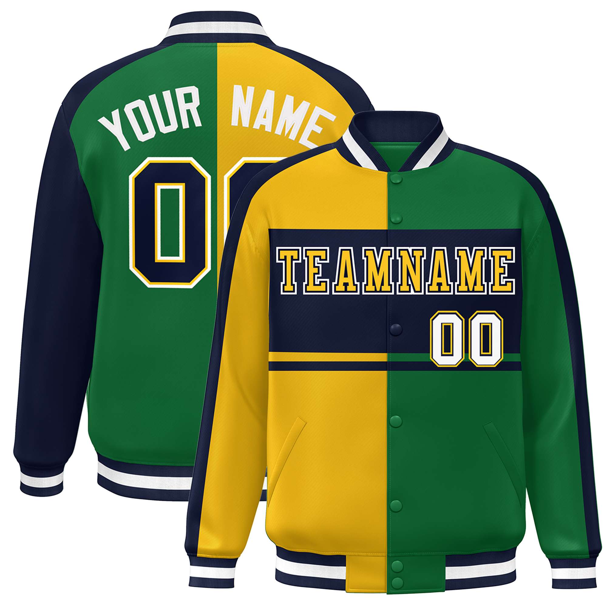 Custom Gold Green Navy-White Color Block Bomber Varsity Baseball Jacket