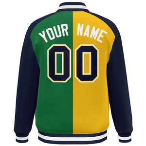 Custom Gold Green Navy-White Color Block Bomber Varsity Baseball Jacket