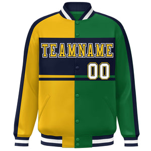 Custom Gold Green Navy-White Color Block Bomber Varsity Baseball Jacket