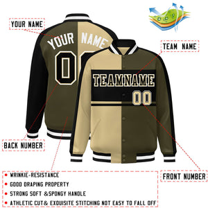 Custom Khaki Olive Black-White Color Block Bomber Varsity Baseball Jacket