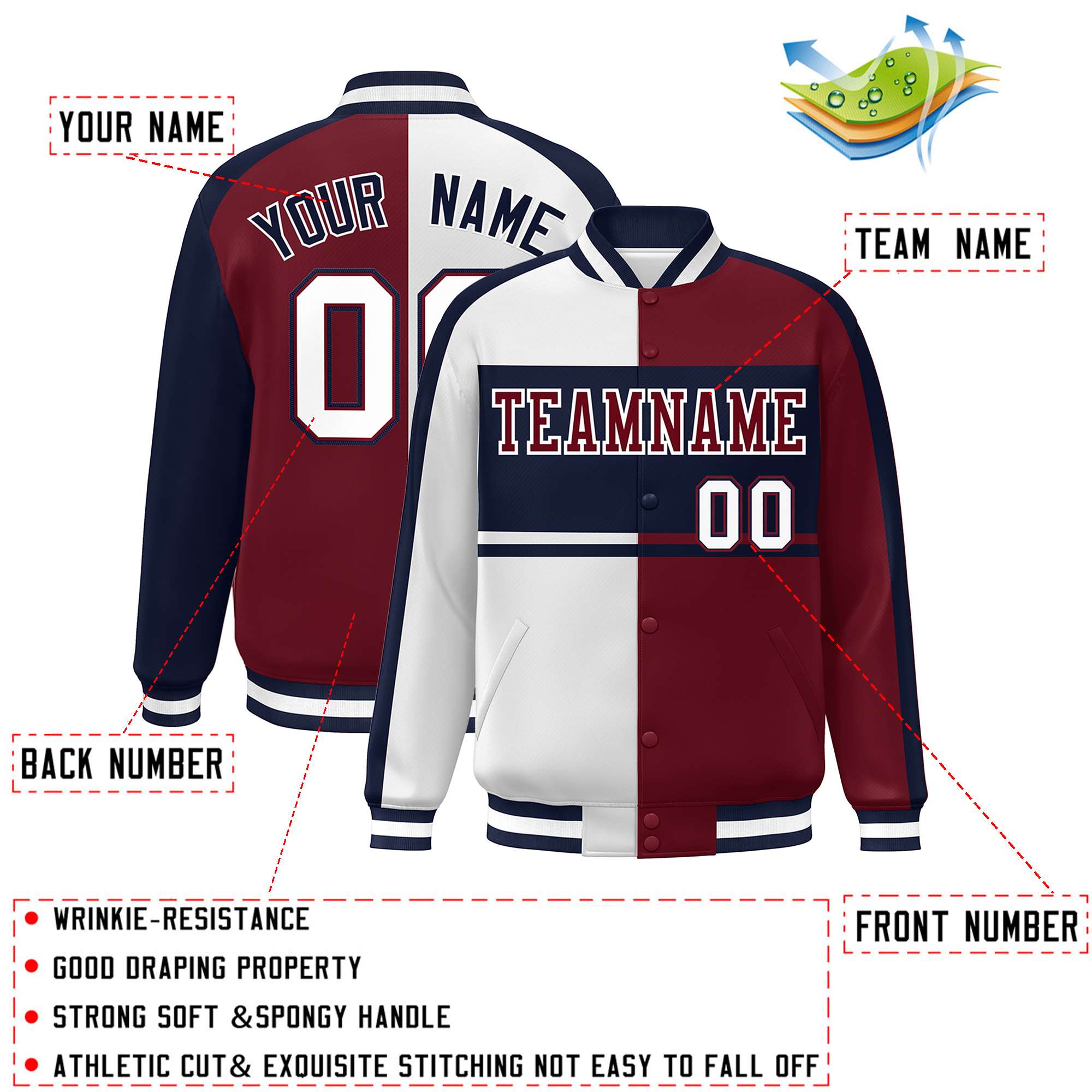 Custom White Crimson-Navy Color Block Bomber Varsity Full-Snap Baseball Jacket