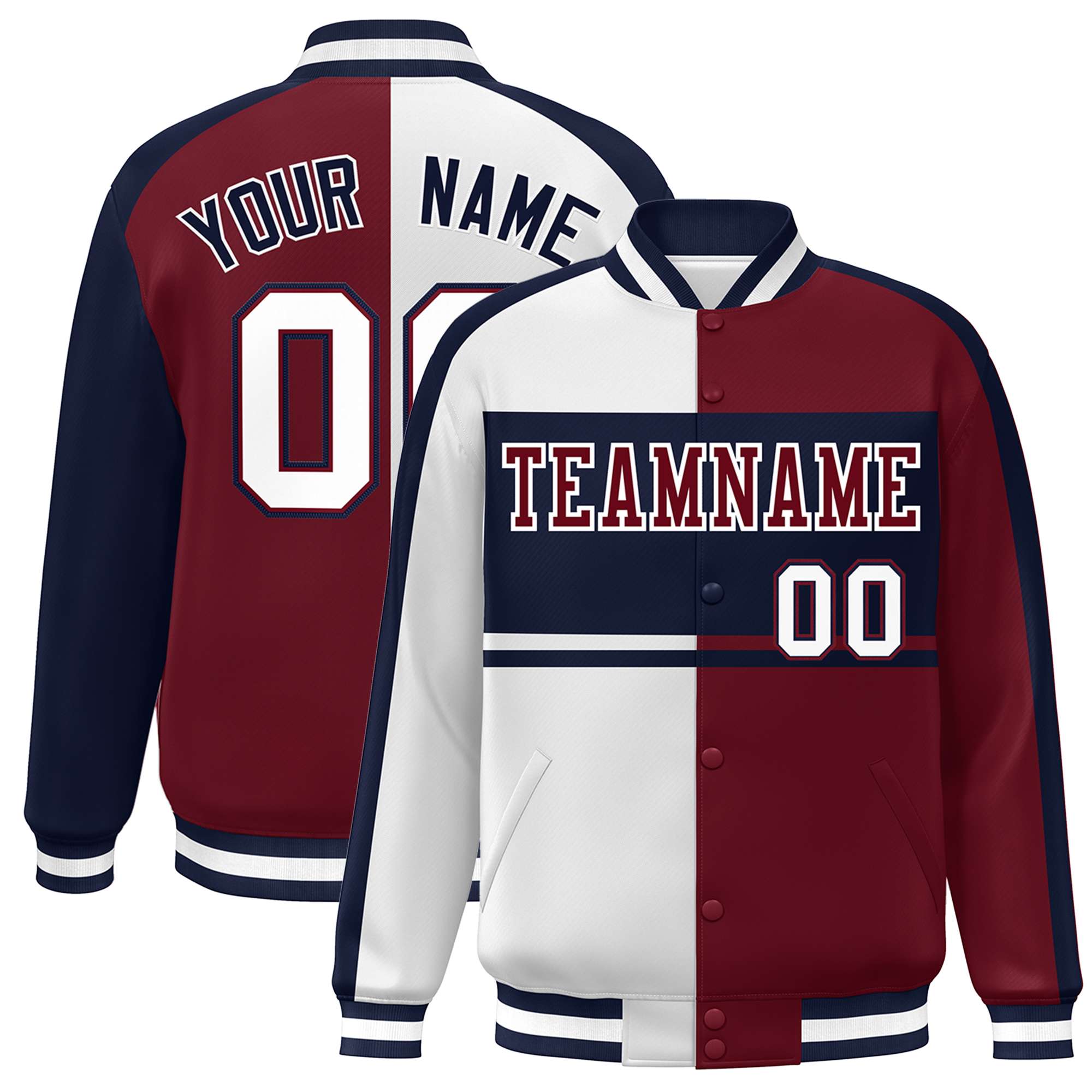 Custom White Crimson-Navy Color Block Bomber Varsity Full-Snap Baseball Jacket