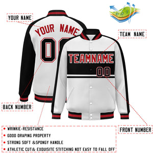 Custom White Black-Red Color Block Bomber Varsity Baseball Jacket