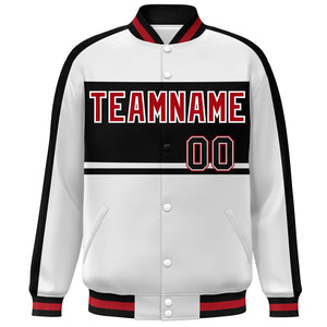 Custom White Black-Red Color Block Bomber Varsity Baseball Jacket