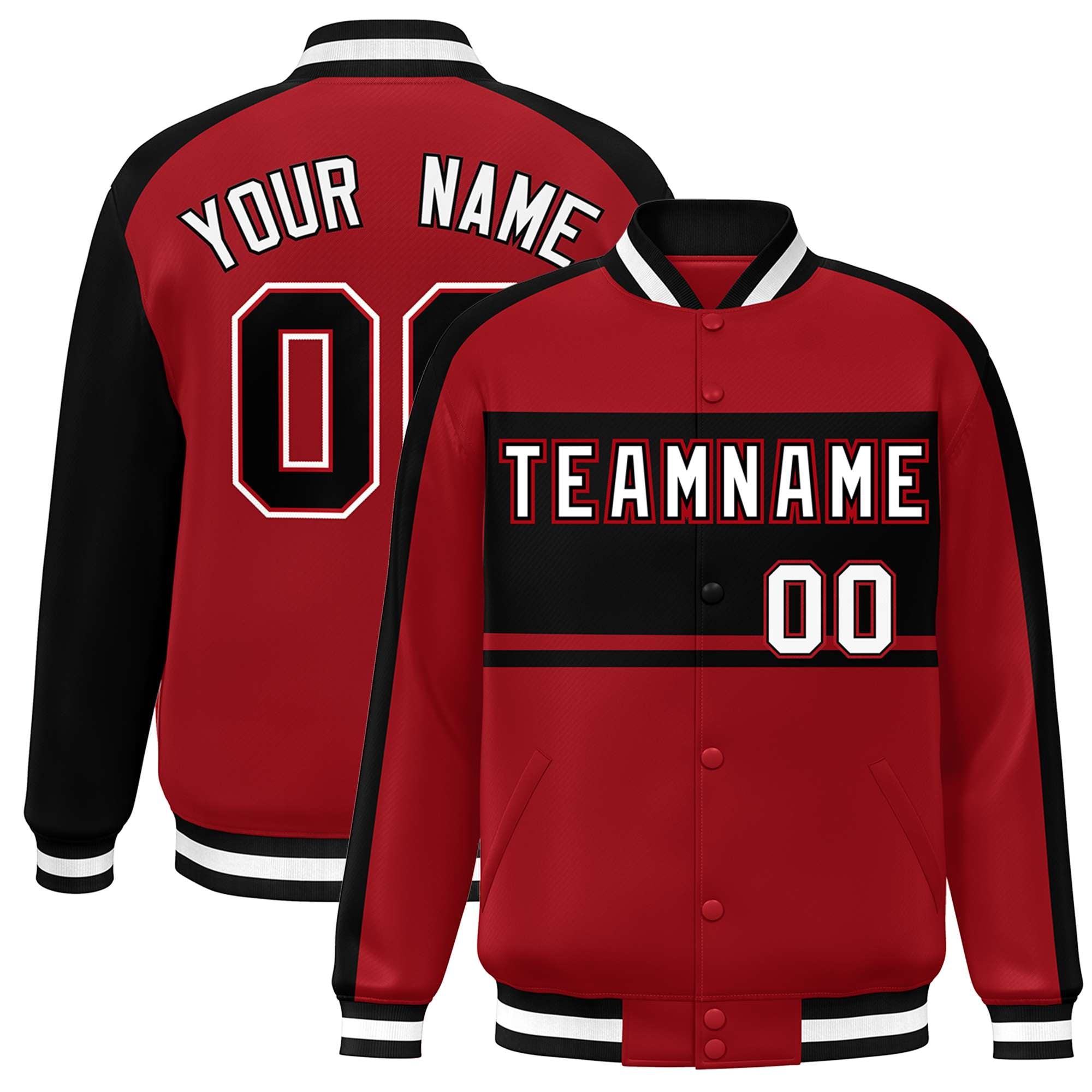 Custom Red Black-White Color Block Bomber Varsity Baseball Jacket