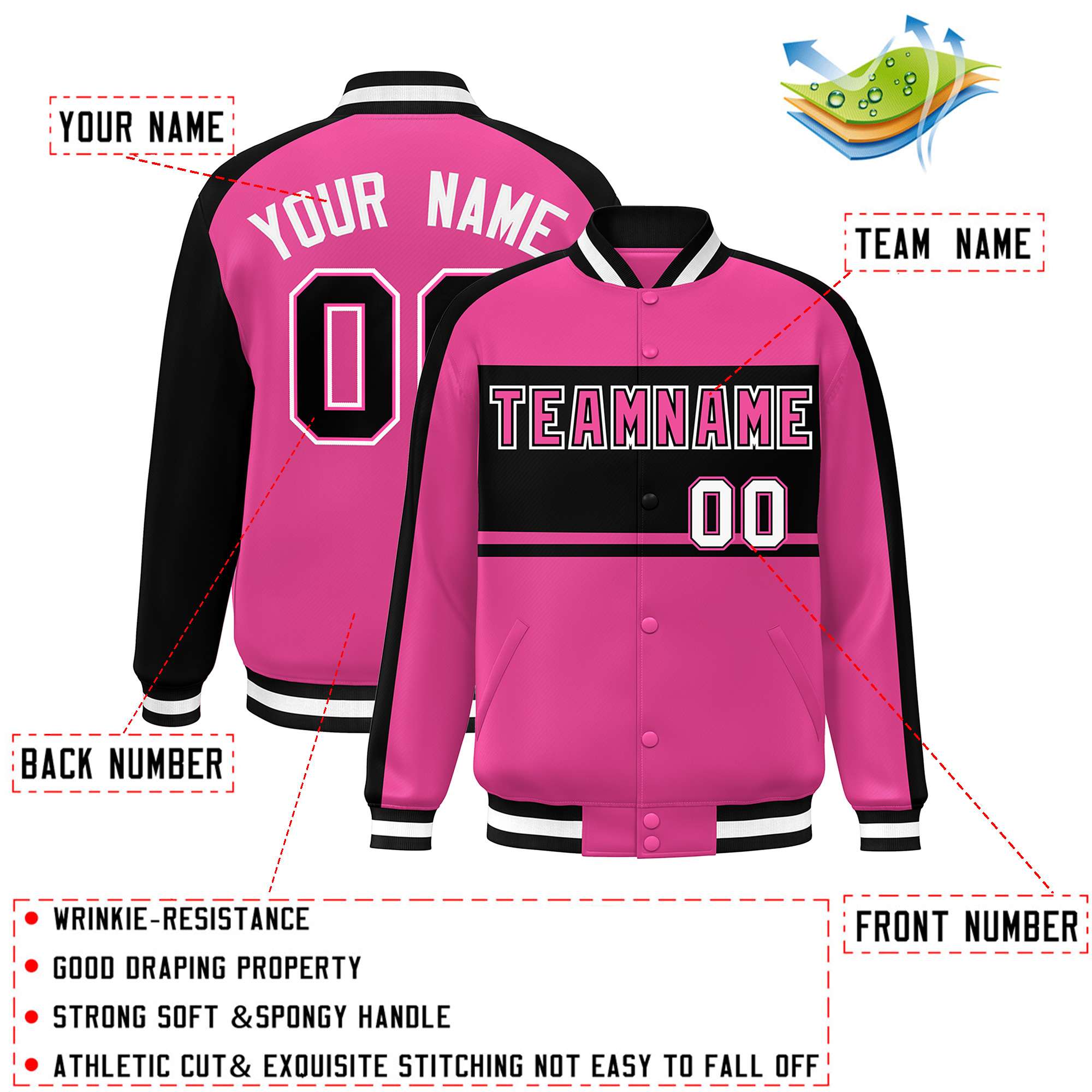 Custom Pink Black-White Color Block Bomber Varsity Baseball Jacket