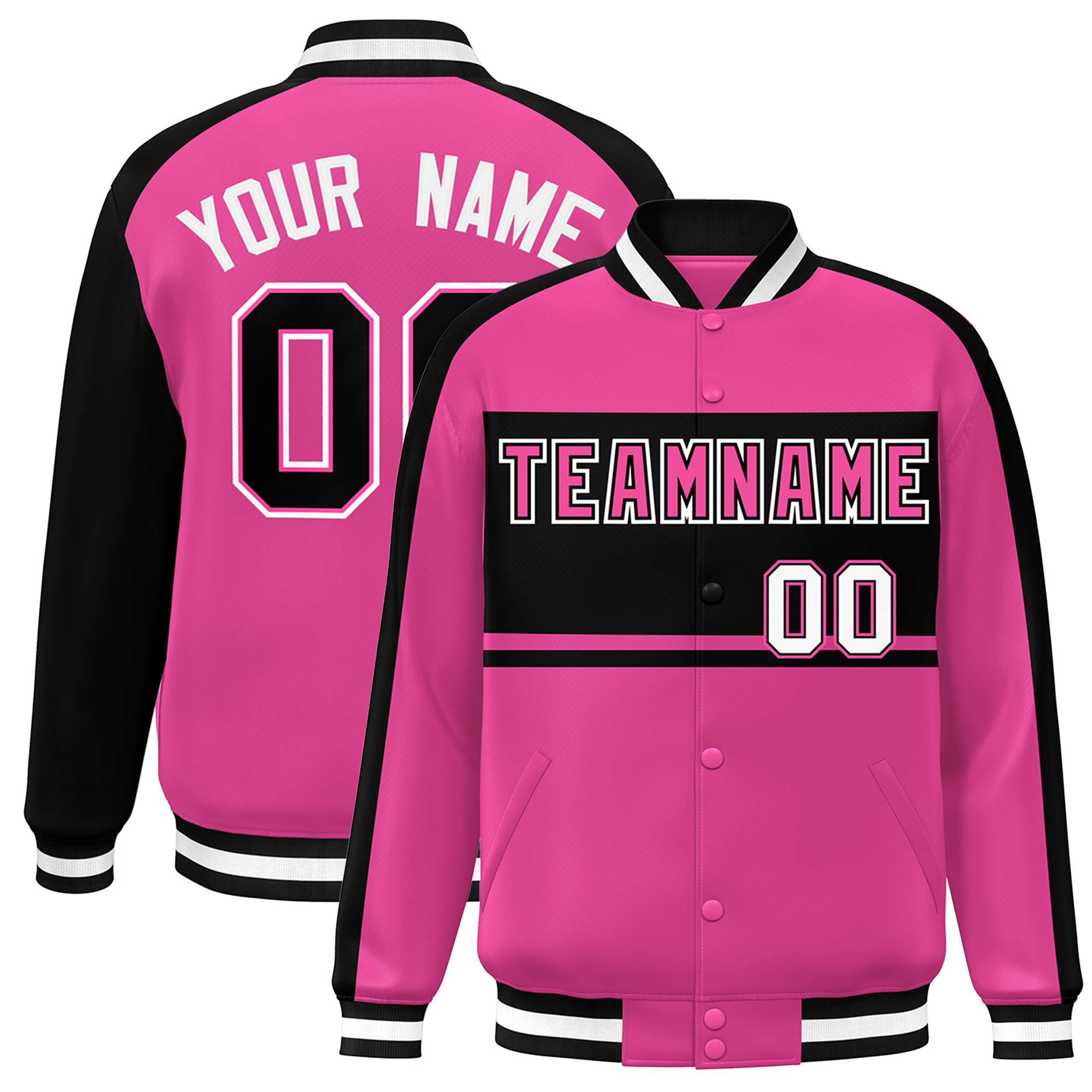 Custom Pink Black-White Color Block Bomber Varsity Baseball Jacket