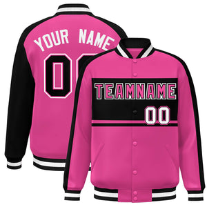 Custom Pink Black-White Color Block Bomber Varsity Baseball Jacket