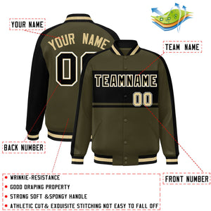 Custom Olive Black-White Color Block Bomber Varsity Baseball Jacket