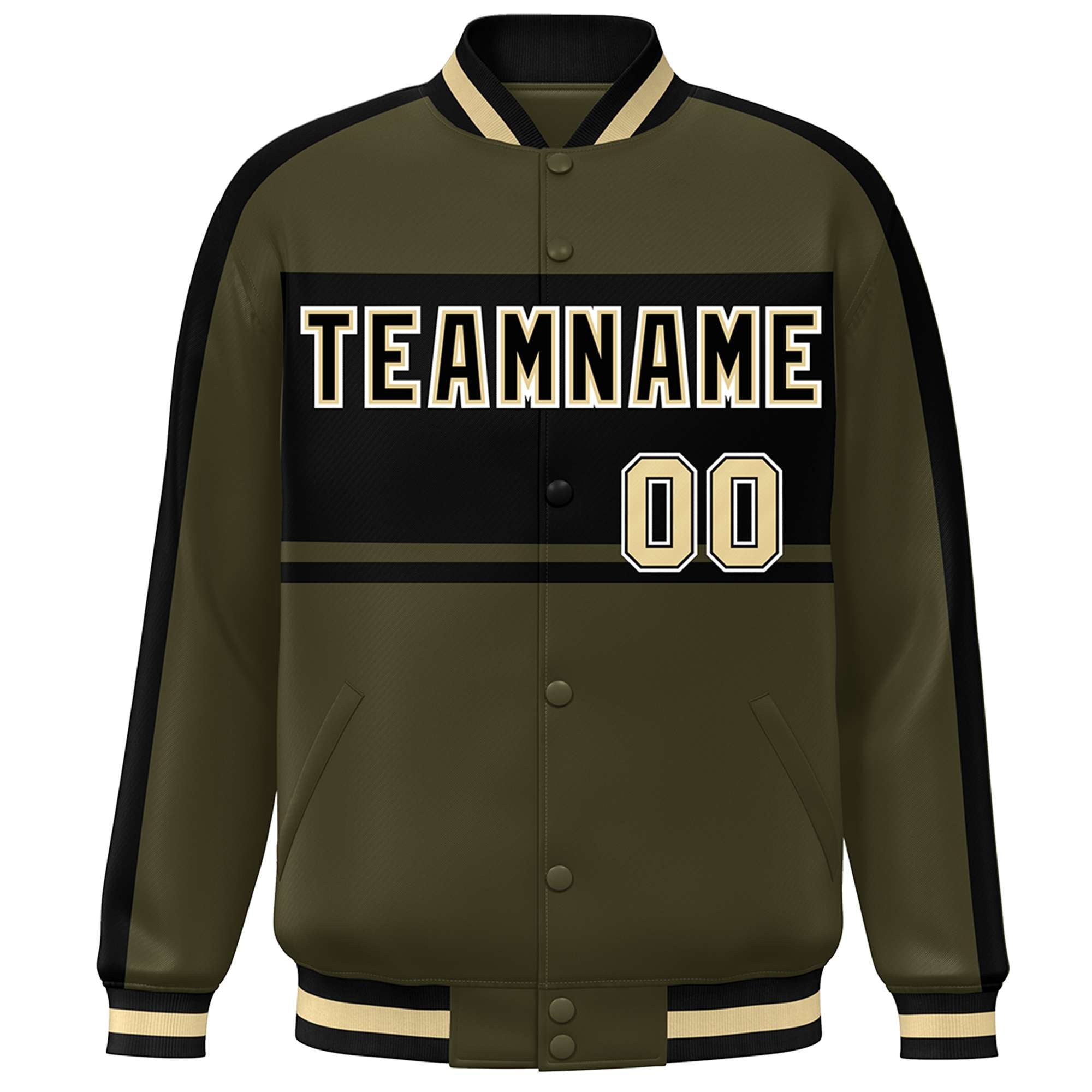 Custom Olive Black-White Color Block Bomber Varsity Baseball Jacket