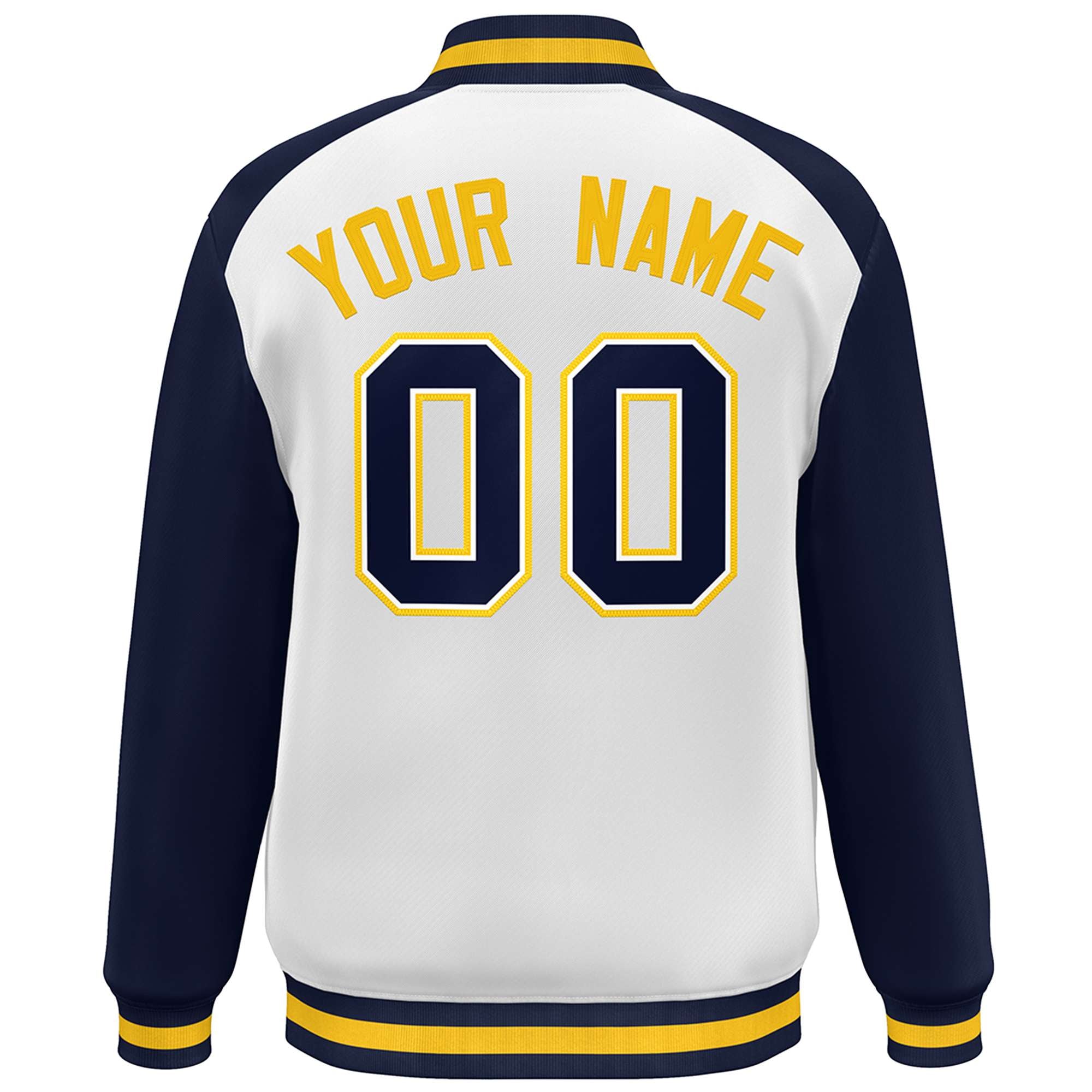 Custom White Navy-Gold Color Block Bomber Varsity Baseball Jacket