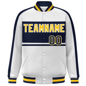 Custom White Navy-Gold Color Block Bomber Varsity Baseball Jacket