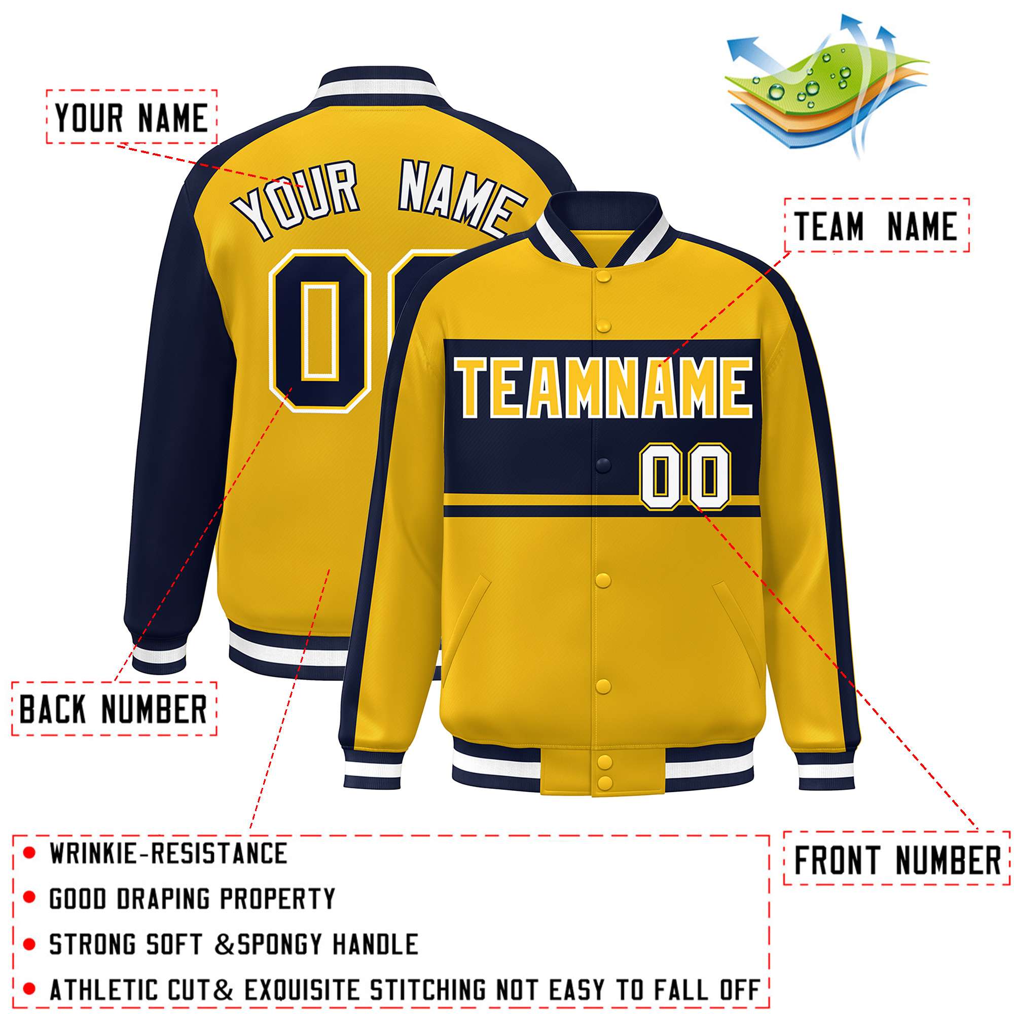 Custom Gold Navy-White Color Block Bomber Varsity Baseball Jacket