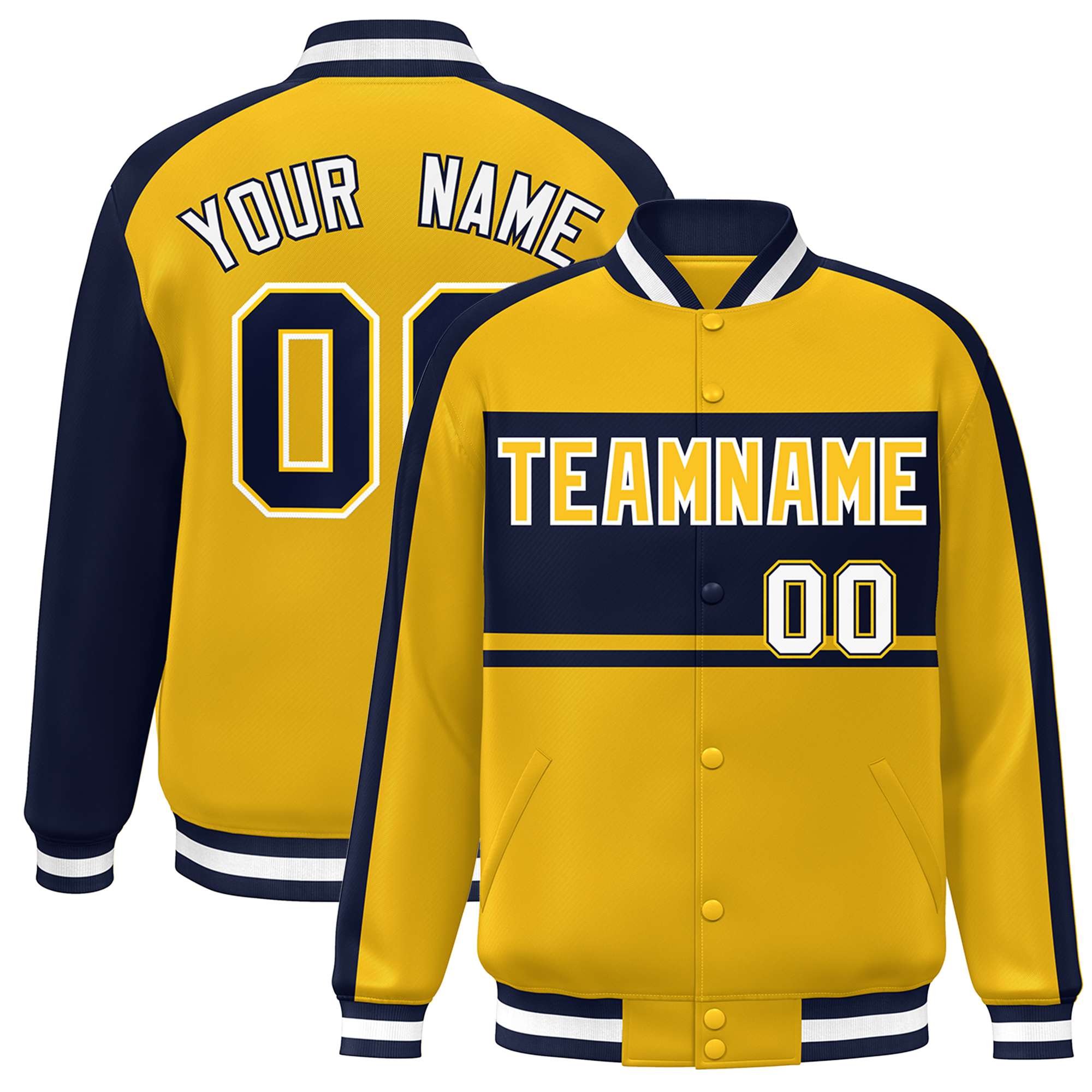 Custom Gold Navy-White Color Block Bomber Varsity Baseball Jacket