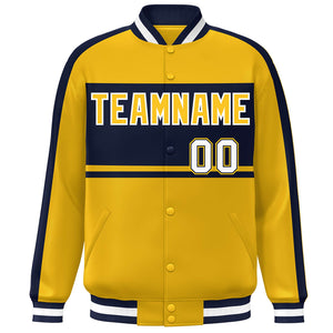 Custom Gold Navy-White Color Block Bomber Varsity Baseball Jacket