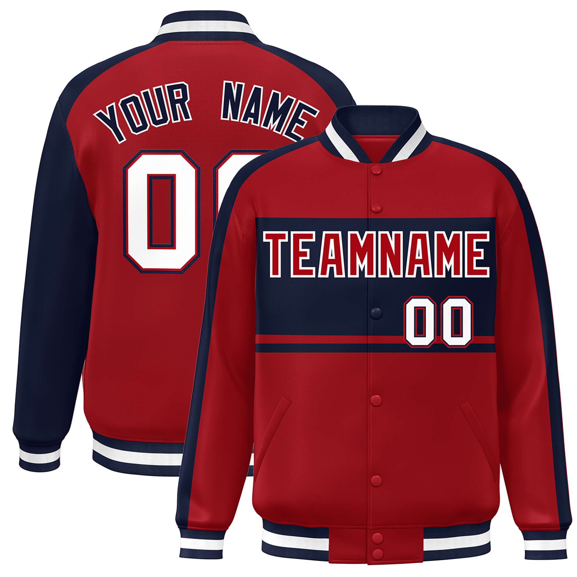 Custom Red Navy-White Color Block Bomber Varsity Baseball Jacket