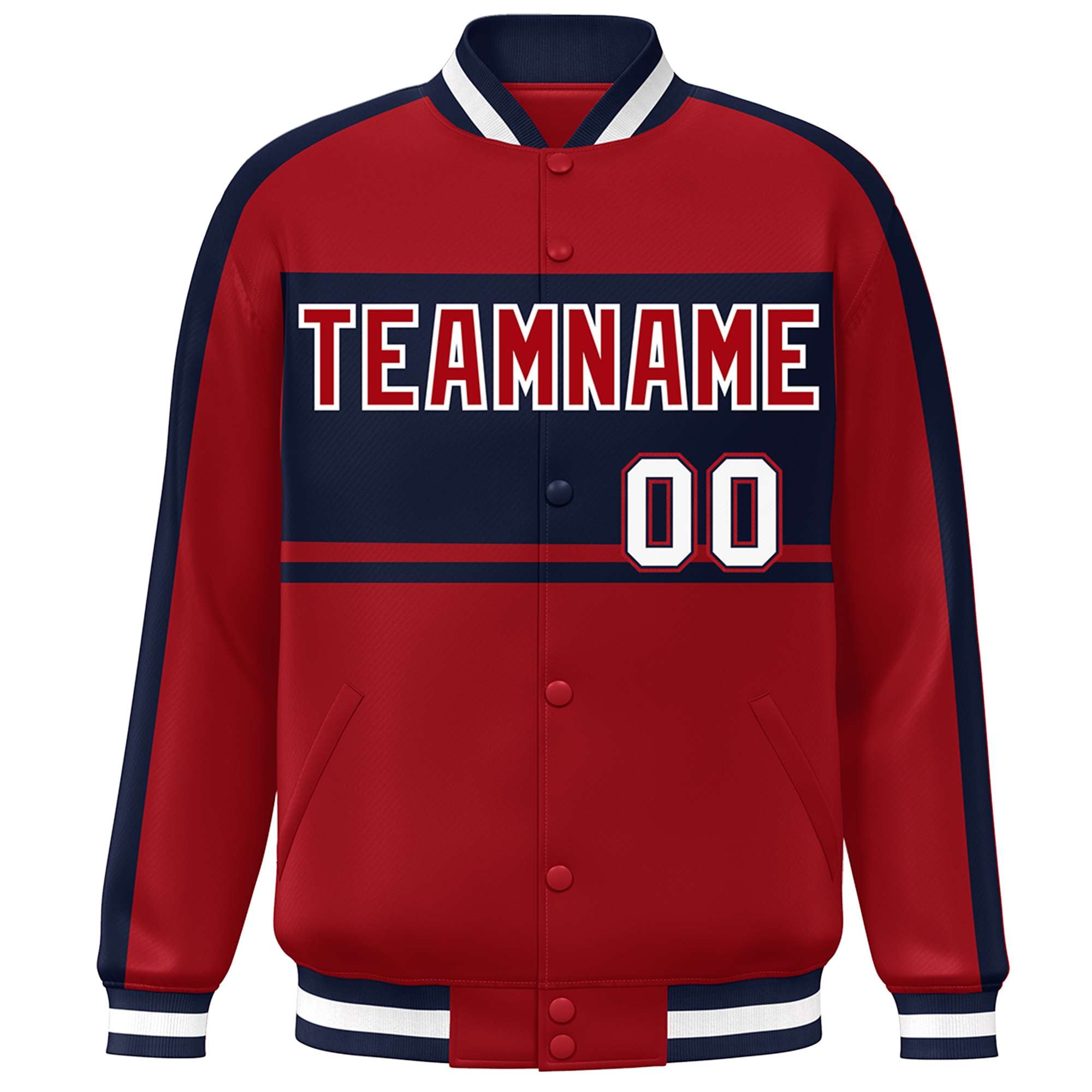 Custom Red Navy-White Color Block Bomber Varsity Baseball Jacket