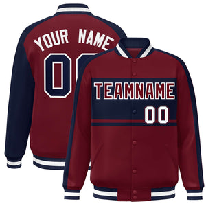 Custom Crimson Navy-White Color Block Bomber Varsity Baseball Jacket