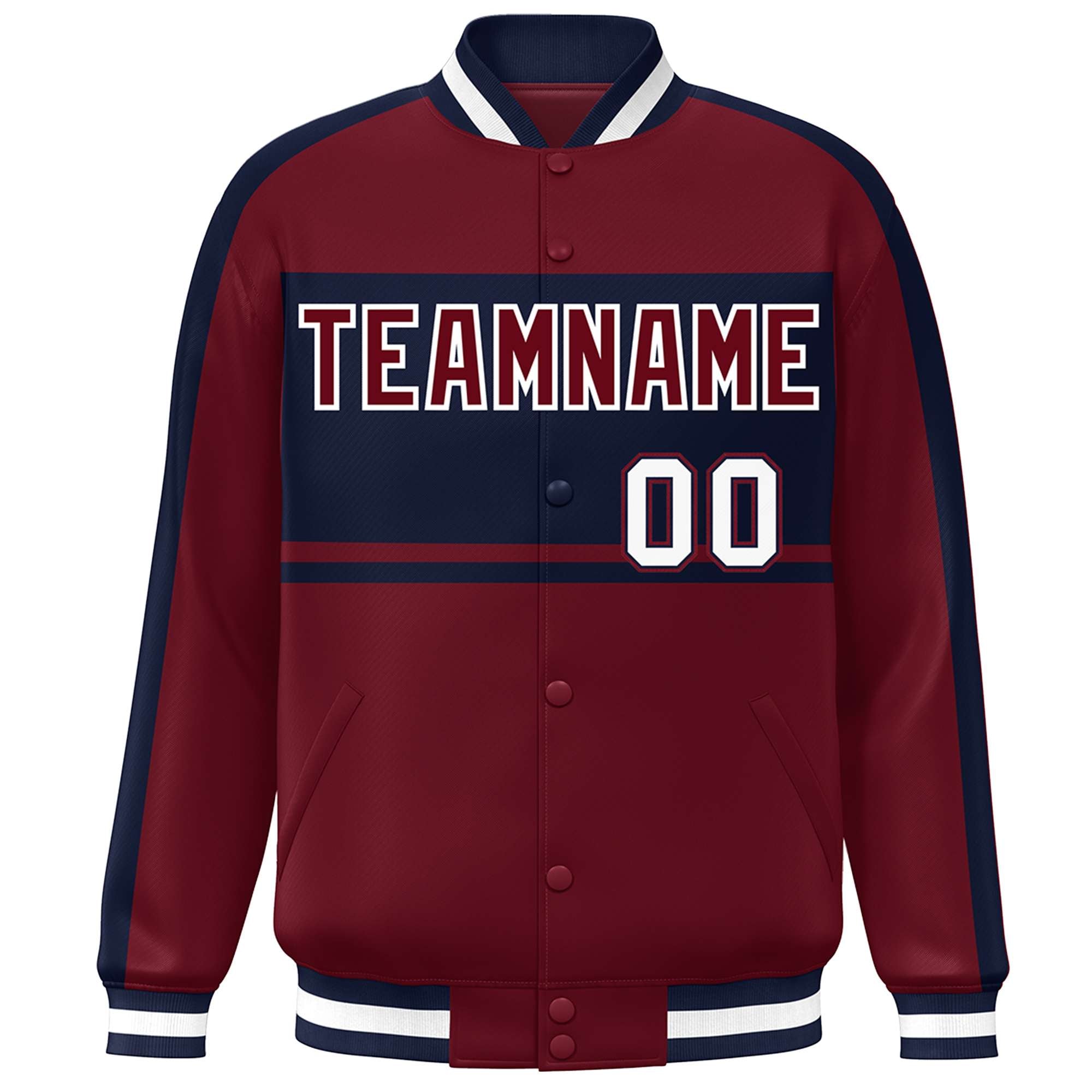 Custom Crimson Navy-White Color Block Bomber Varsity Baseball Jacket