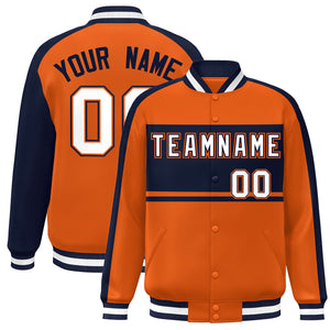 Custom Orange Navy-White Color Block Bomber Varsity Baseball Jacket