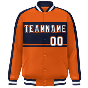 Custom Orange Navy-White Color Block Bomber Varsity Baseball Jacket