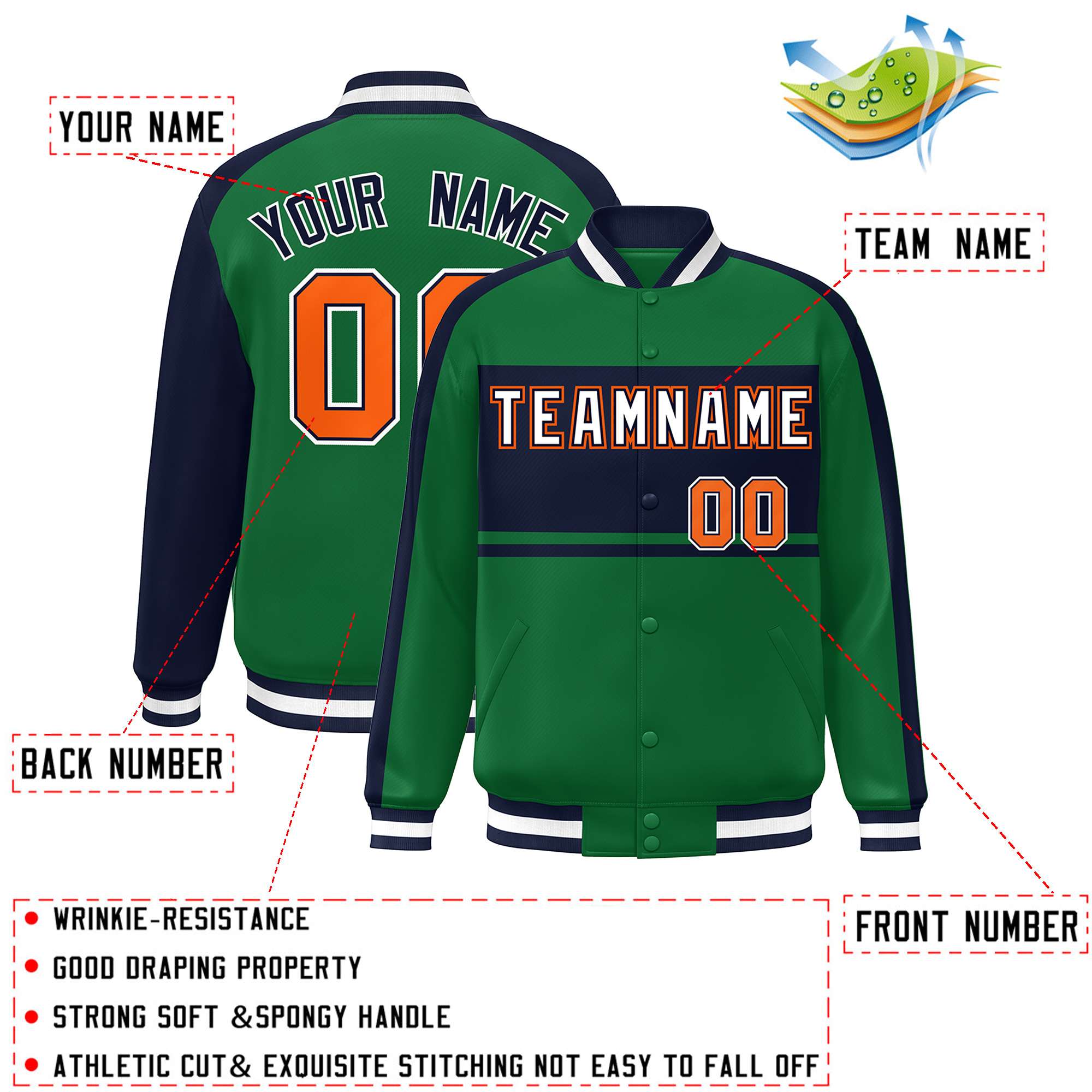 Custom Green Navy-White Color Block Bomber Varsity Baseball Jacket