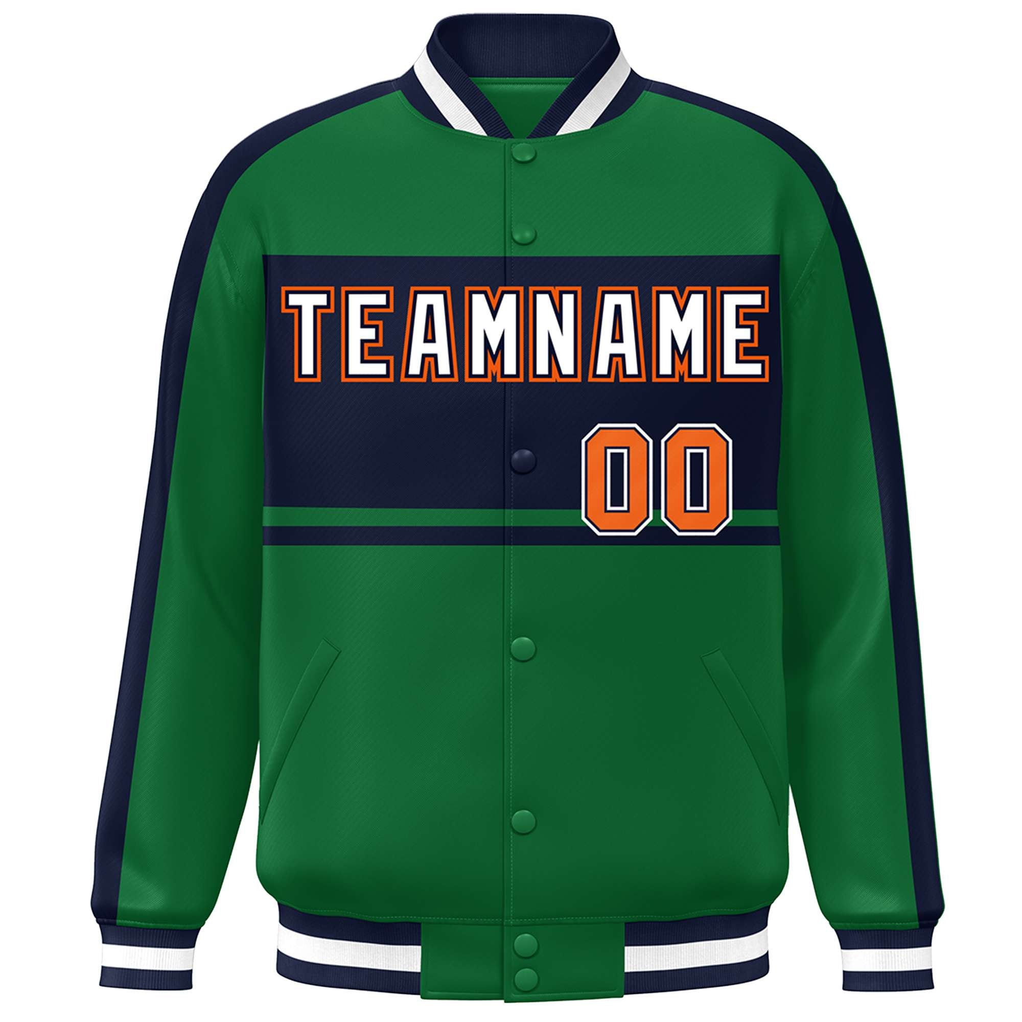 Custom Green Navy-White Color Block Bomber Varsity Baseball Jacket