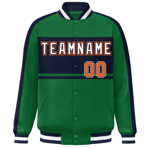 Custom Green Navy-White Color Block Bomber Varsity Baseball Jacket