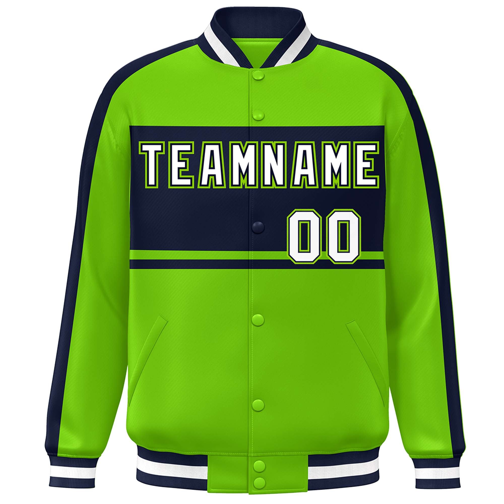 Custom Neon Green Navy-White Color Block Bomber Varsity Baseball Jacket