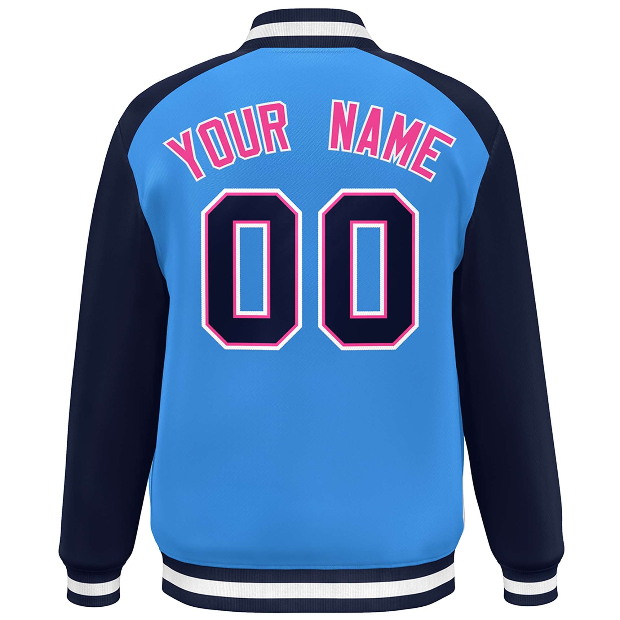 Custom Powder Blue Navy-Pink Color Block Bomber Varsity Baseball Jacket