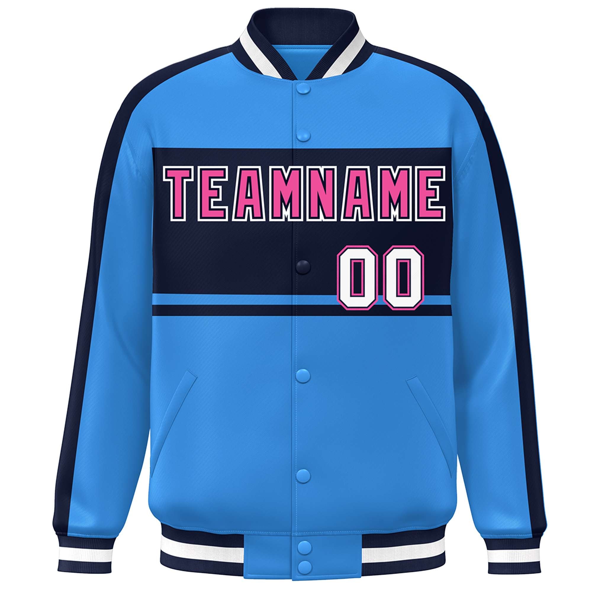 Custom Powder Blue Navy-Pink Color Block Bomber Varsity Baseball Jacket