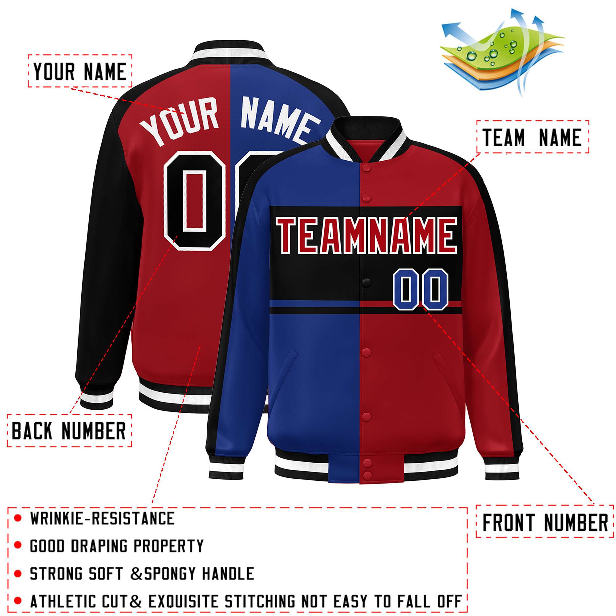 Custom Royal Red-Black Color Block Bomber Varsity Baseball Jacket