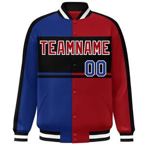 Custom Royal Red-Black Color Block Bomber Varsity Baseball Jacket