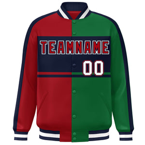 Custom Red Green-Navy Color Block Bomber Varsity Baseball Jacket