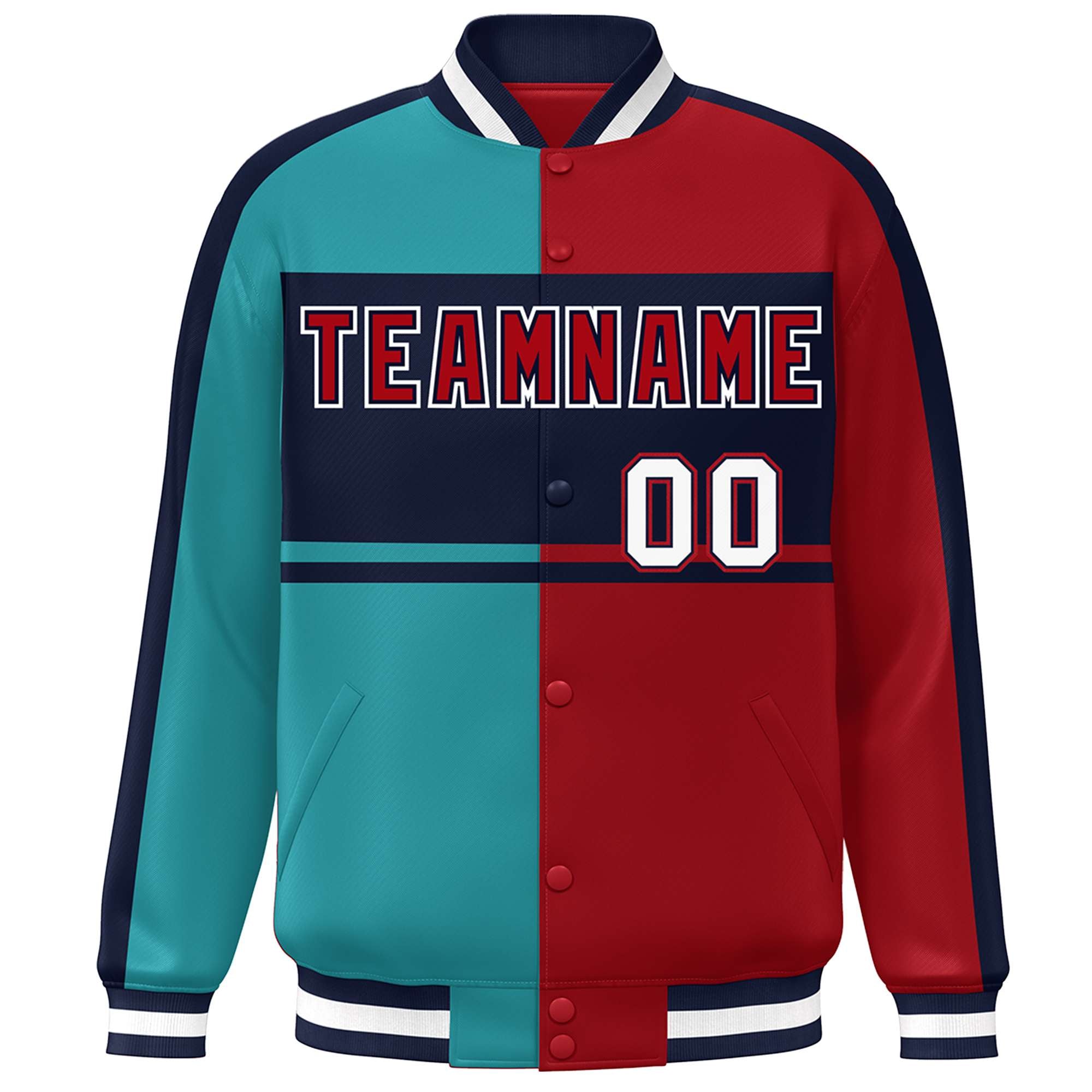 Custom Aqua Red-Navy Color Block Bomber Varsity Baseball Jacket