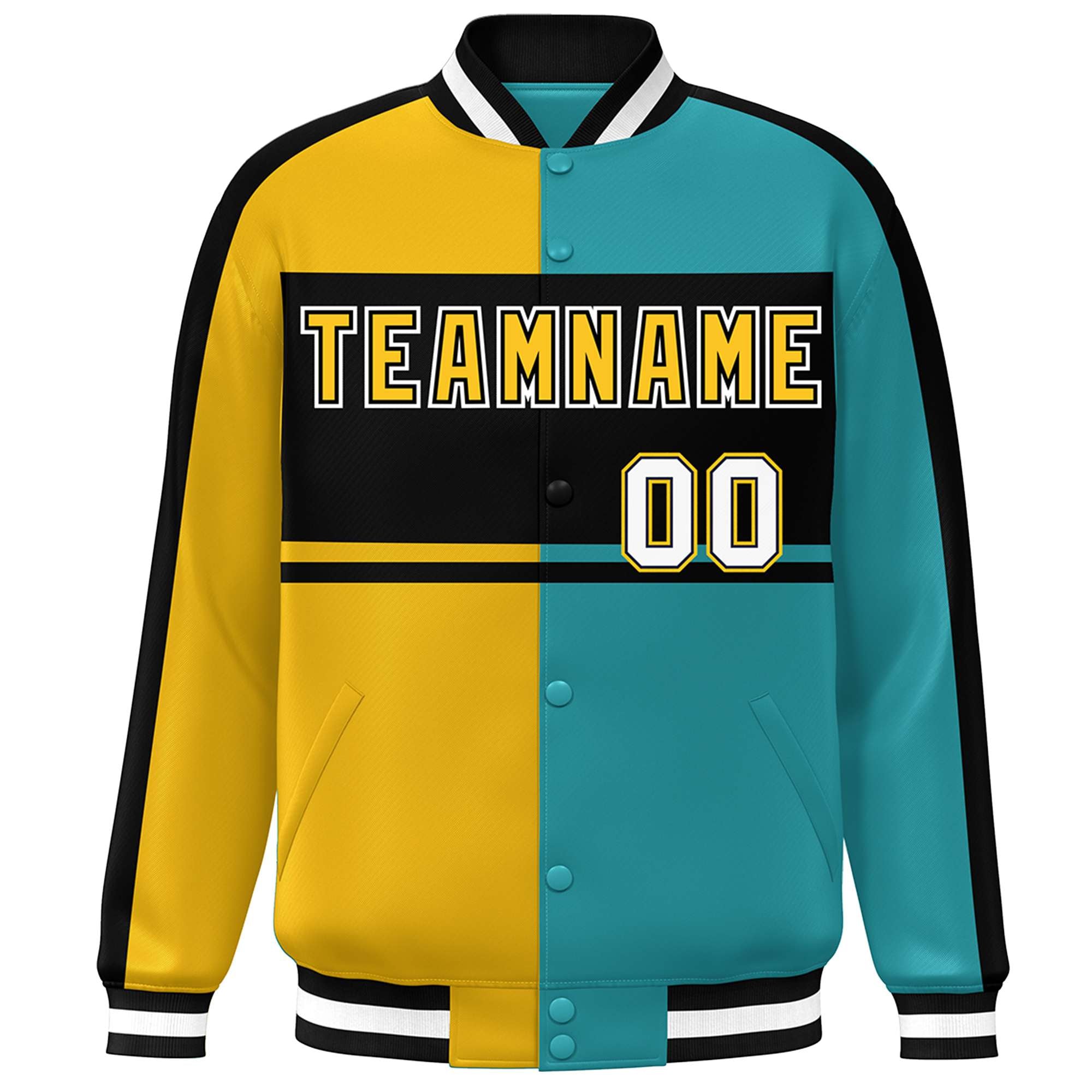 Custom Gold Aqua-Black Color Block Bomber Varsity Baseball Jacket