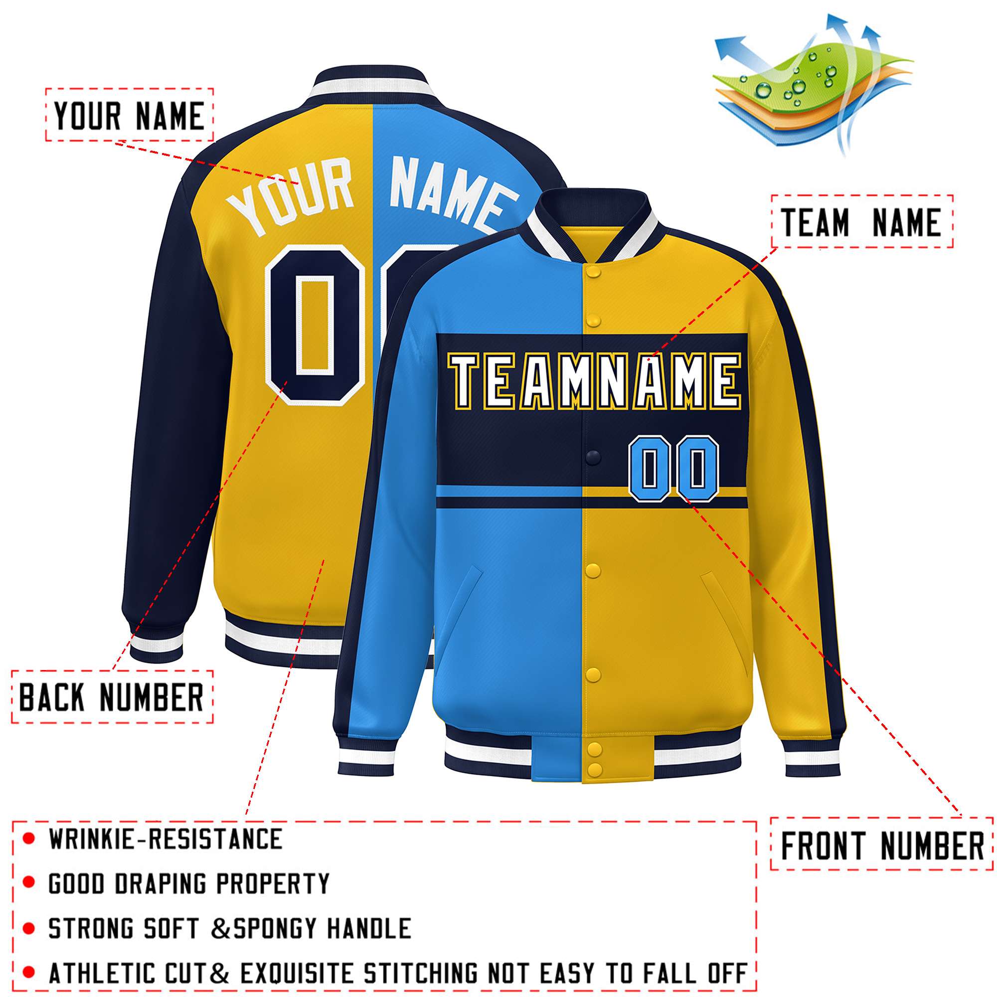 Custom Powder Blue Gold Navy-White Color Block Bomber Varsity Baseball Jacket