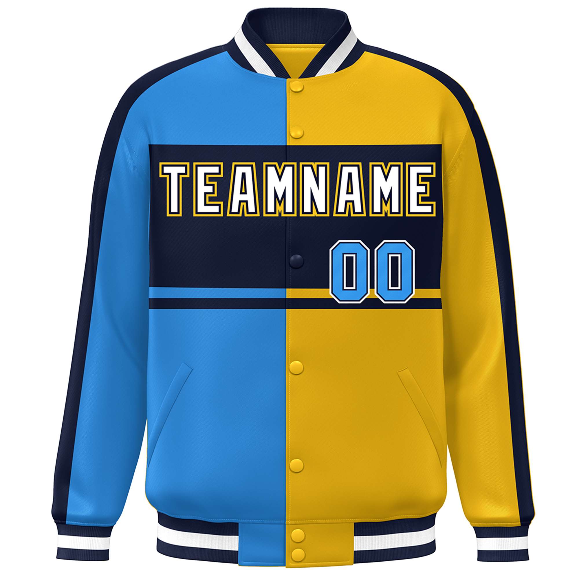 Custom Powder Blue Gold Navy-White Color Block Bomber Varsity Baseball Jacket