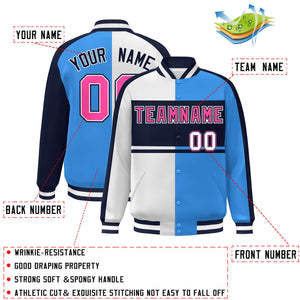 Custom White Powder Blue Navy-Pink Color Block Bomber Varsity Baseball Jacket