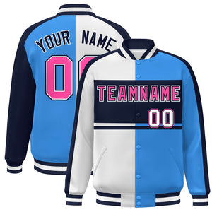 Custom White Powder Blue Navy-Pink Color Block Bomber Varsity Baseball Jacket