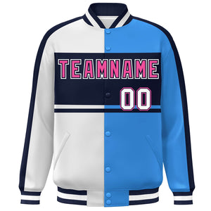 Custom White Powder Blue Navy-Pink Color Block Bomber Varsity Baseball Jacket