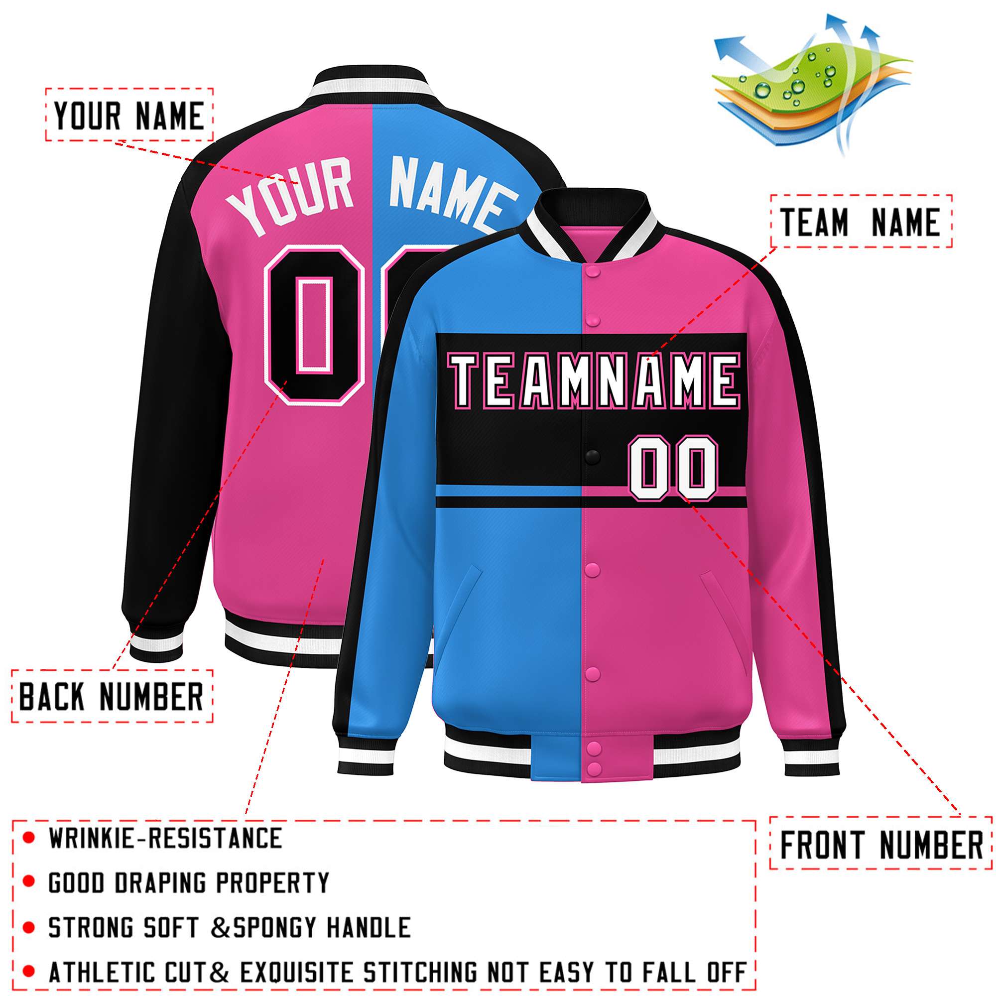 Custom Powder Blue Pink Black-White Color Block Bomber Varsity Baseball Jacket