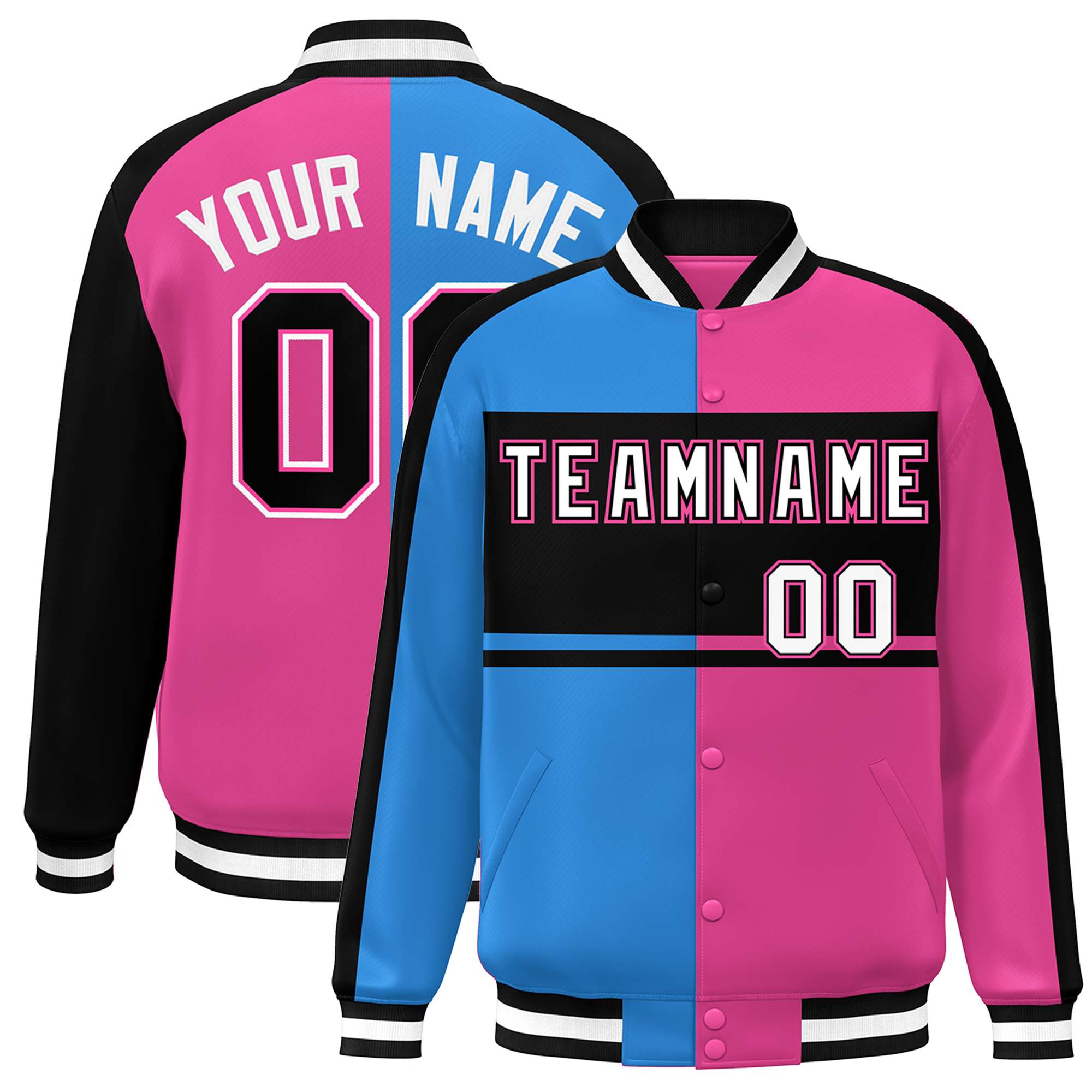 Custom Powder Blue Pink Black-White Color Block Bomber Varsity Baseball Jacket