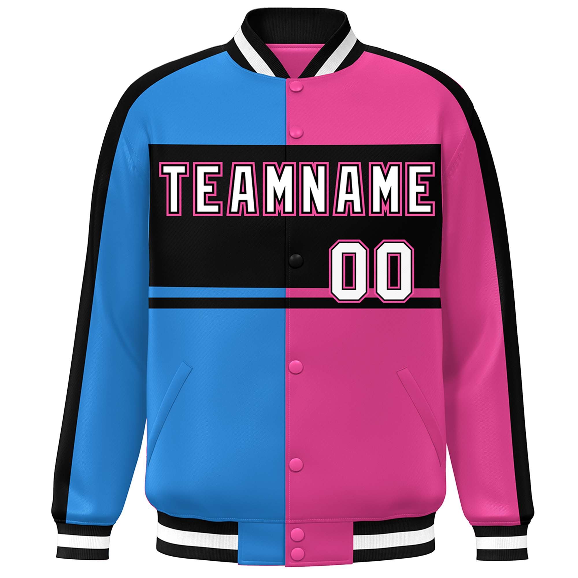 Custom Powder Blue Pink Black-White Color Block Bomber Varsity Baseball Jacket