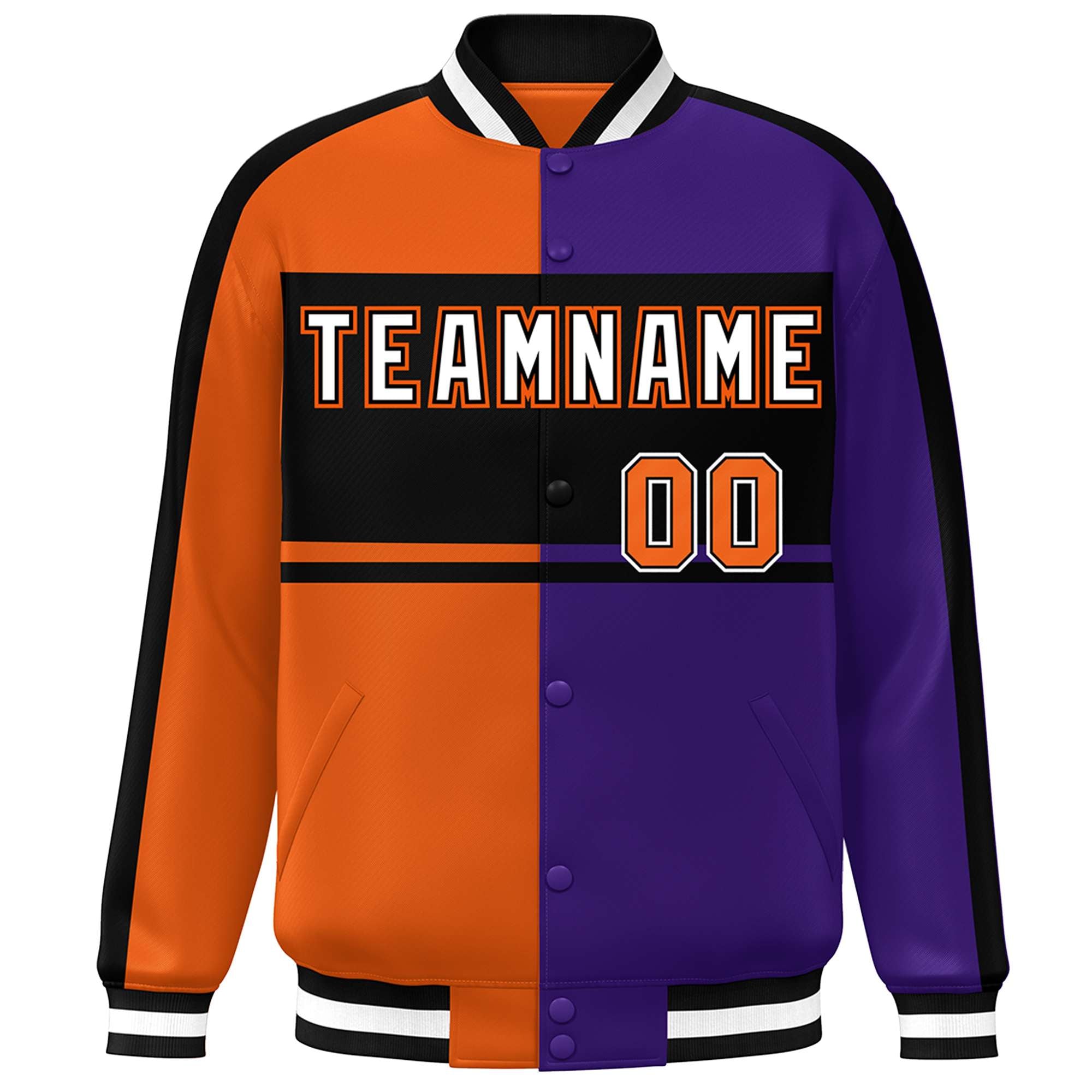 Custom Orange Purple Black-White Color Block Bomber Varsity Baseball Jacket