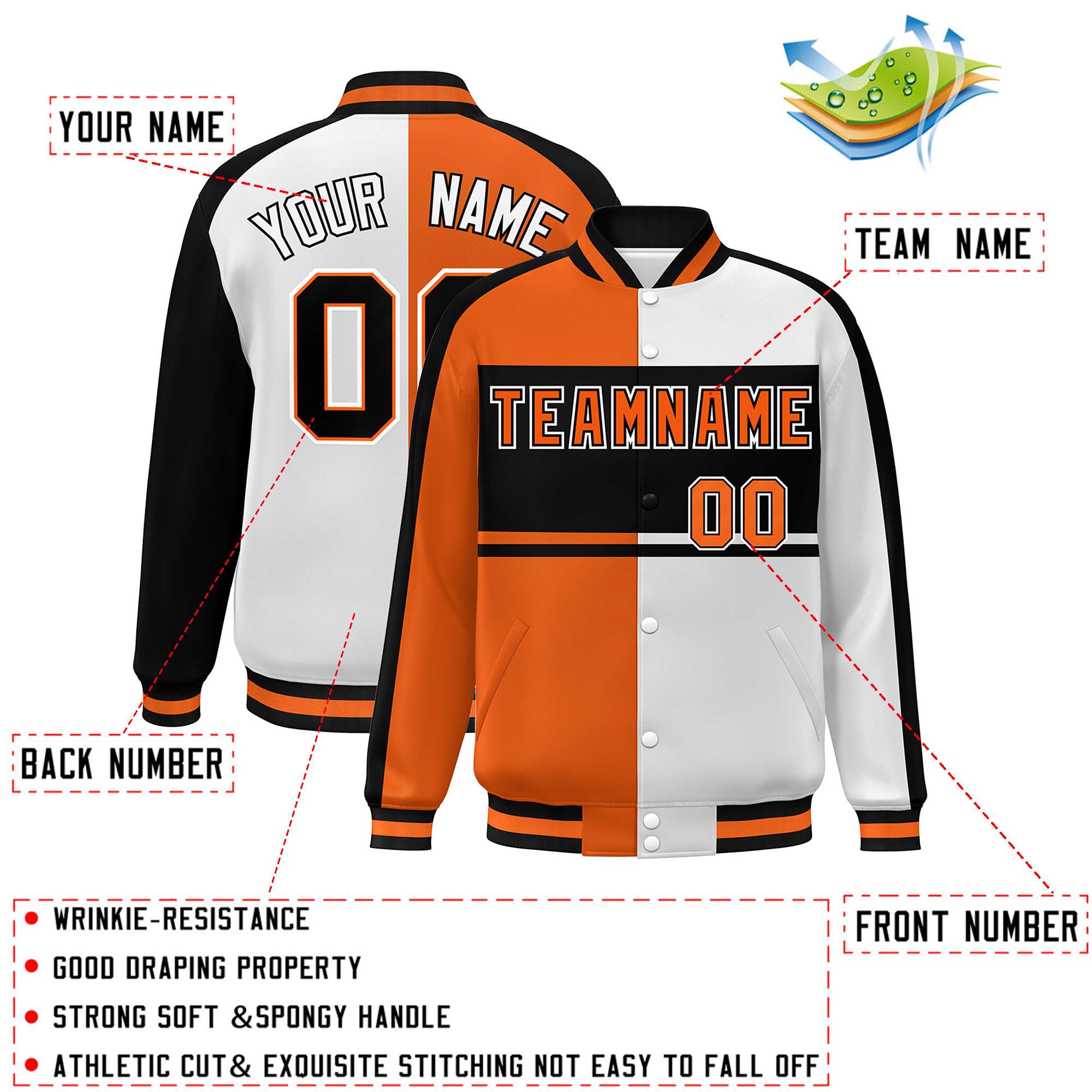 Custom Orange White-Black Color Block Bomber Varsity Baseball Jacket