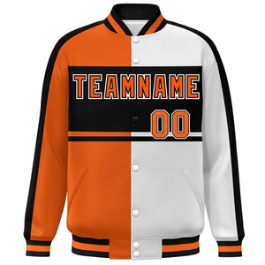 Custom Orange White-Black Color Block Bomber Varsity Baseball Jacket